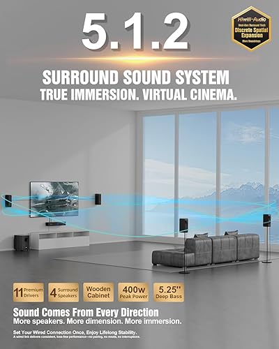 Miniatura 2 de Barras de sonido de madera 5.1.2, 4 altavoces envolventes, potencia máxima de 400 W, sistema de sonido envolvente de altavoces de TV, barra de