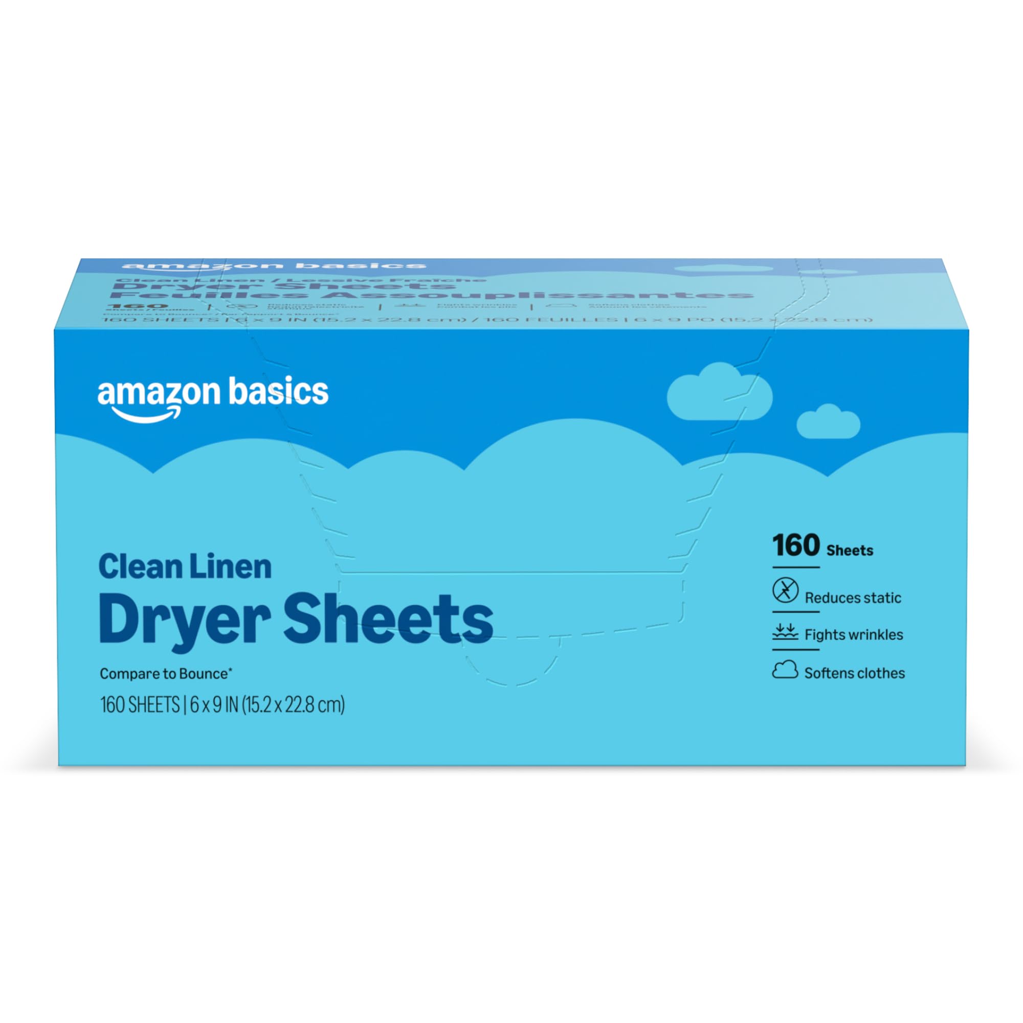 Amazon Basics Dryer Sheets Laundry Fabric Softener, Clean Linen Scent, Reduces Static, Fights Wrinkles, Softens Clothes, 160 Count