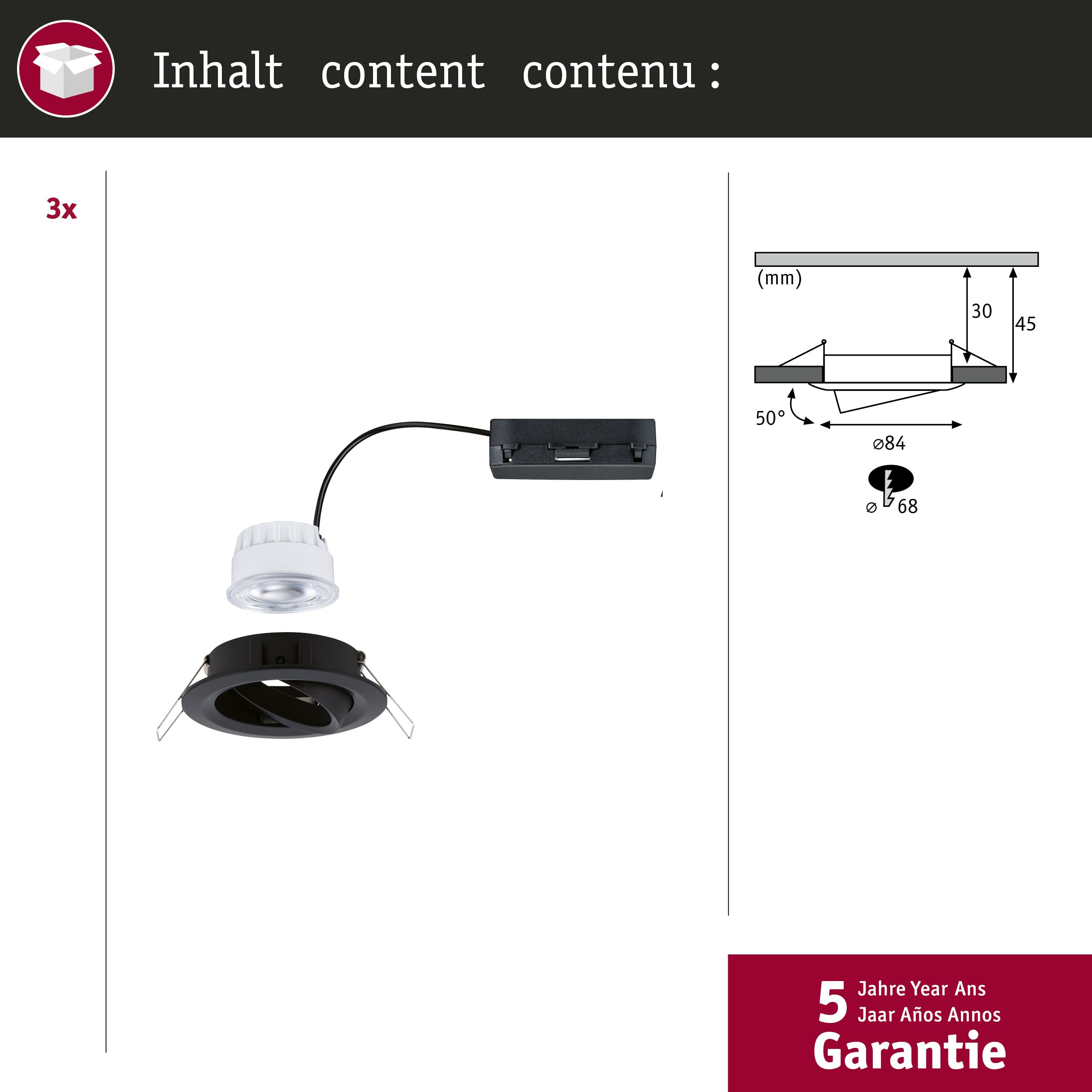 Paulmann LED Einbauleuchte Nova Coin 3er-Set rund 84mm 50° 3x2,8W 3x505lm 230V 4000K Schwarz matt 92457