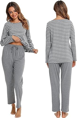 Pijamas de algodón para mujer, ropa de dormir de manga larga con pantalones, suave y cómoda a rayas, conjunto de pijama para mujer
