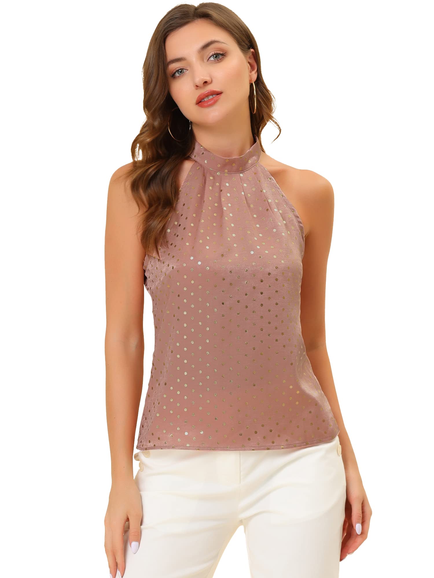 Allegra K Blusa Sin Mangas De Satén Elegante con Cuello Halter Y Lunares para Mujer