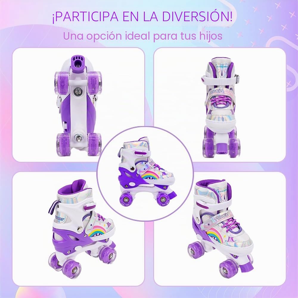 Patines para niños y niñas, Ajustables en 4 tamaños para niños y Principiantes, Patines de Ruedas para Deportes Violeta Arco Iris