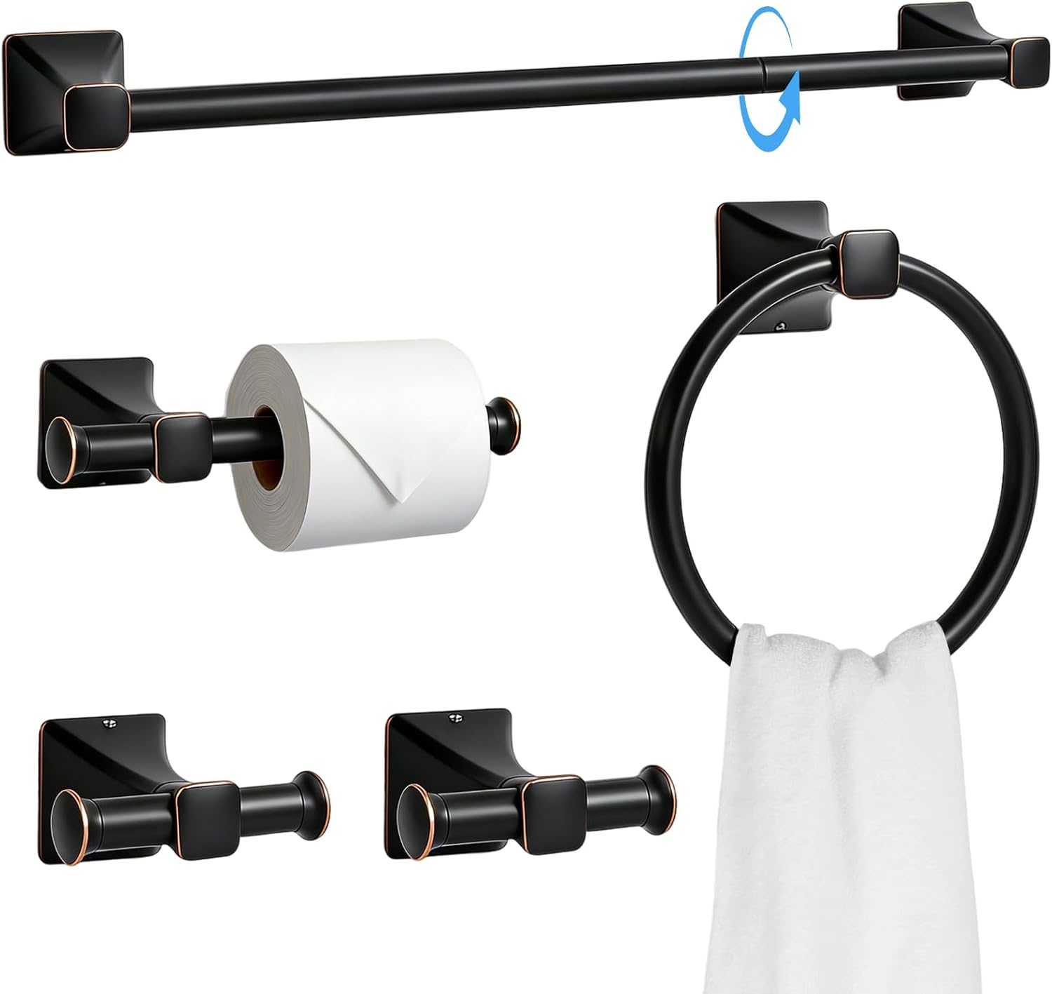 5-Piece Matte Black Bathroom Hardware Accessories Set, Stainless Steel Bathroom Towel Bar Set, 24 Inch Towel Bar, Towel Ring, Toilet Paper Holder, 2 Towel Hooks, Towel Racks for Bathroom Wall Mounted
