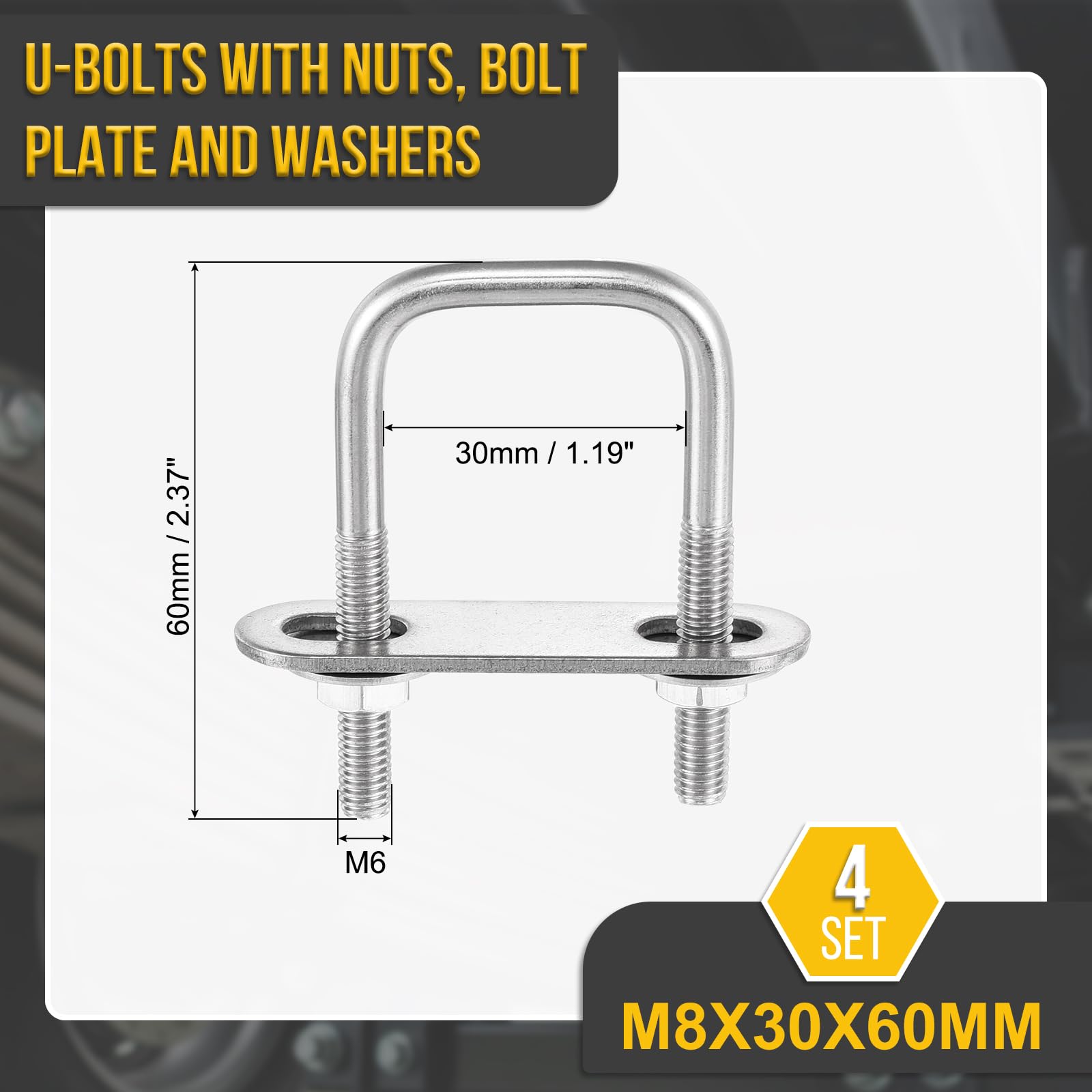DTGN M6x30x60mm U Bolts Square Kit - 4Set - 304 Stainless Steel U-Bolt Kit with Nuts, Washers, Frame Plate - Good for Pipe, Trailer, Automotive, Leaf Spring Fastener