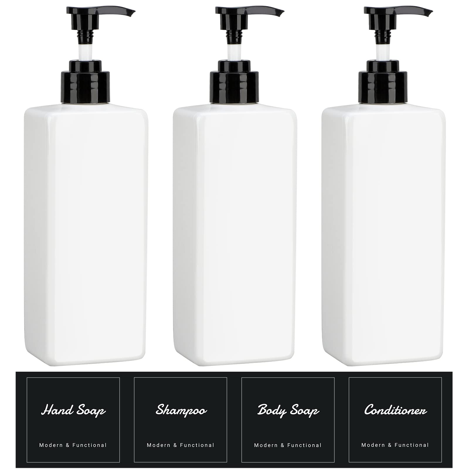 Suream 3Pack Empty Plastic Bottles with Pump, 16.9oz Refillable Shampoo Bottles for Shower, Lotion Press Dispenser, White Countertop Container for