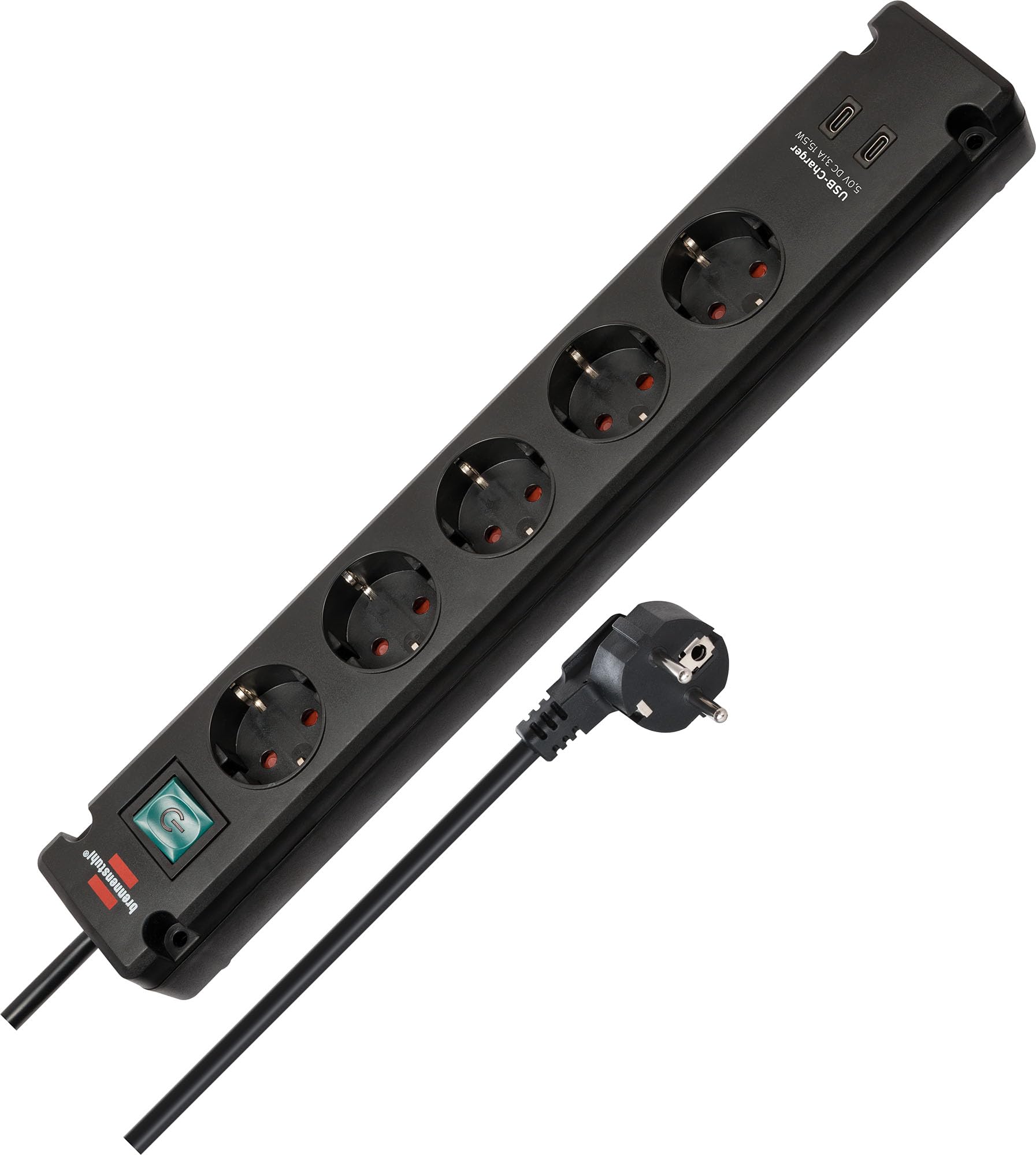 Brennenstuhl Bremounta Steckdosenleiste 5-Fach mit USB C-Ladefunktion (Mehrfachsteckdose mit Schalter, Steckerleiste Wandmontage, 2X USB C und 3m Kabel) schwarz