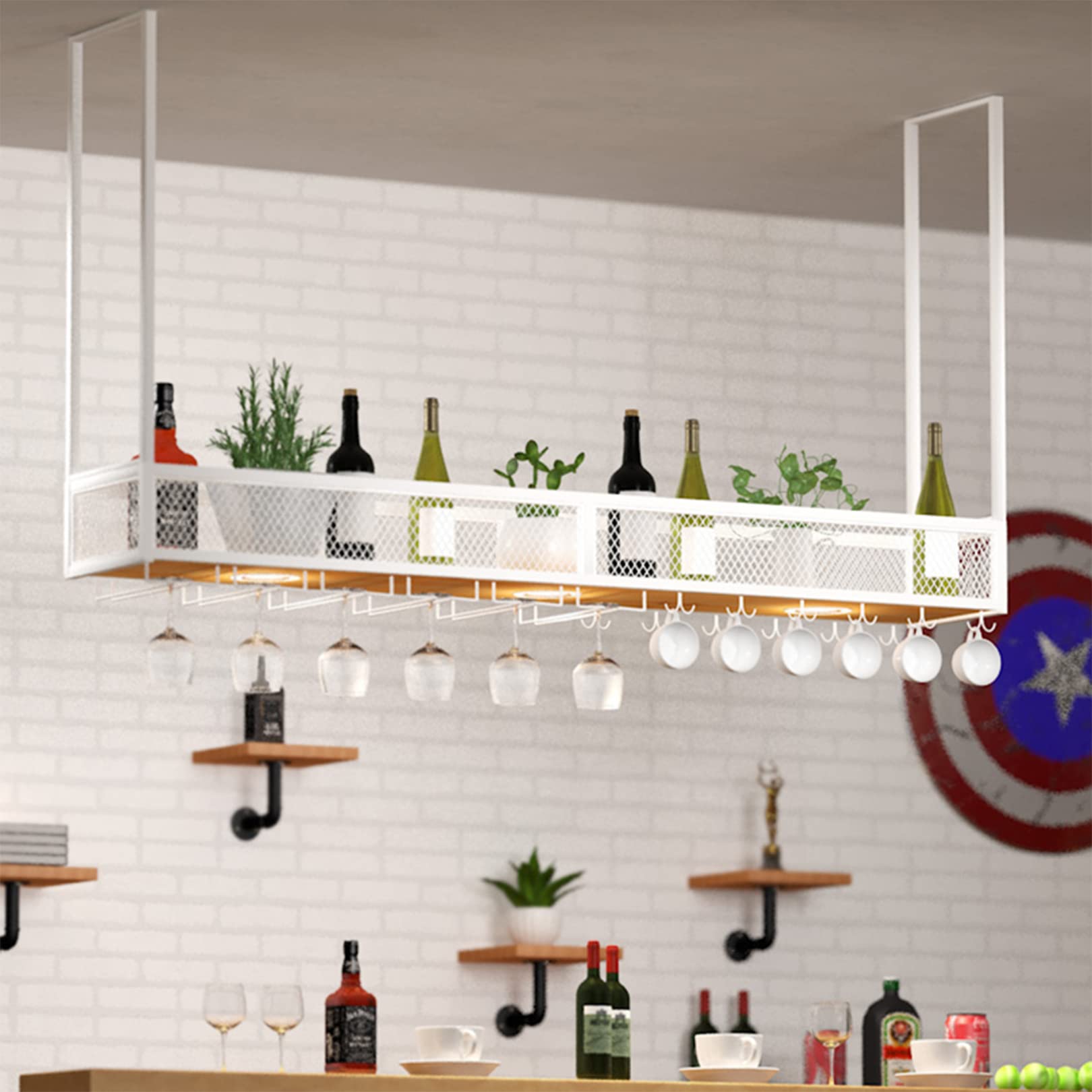 Étagère de plafond pour verres à vin en métal : l'élégance industrielle à 2 niveaux
