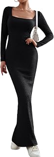 Elegant Women's Long Sleeve Square Neck Maxi Dress Bodycon Ribbed Knit Wedding Gues Formal Dresses