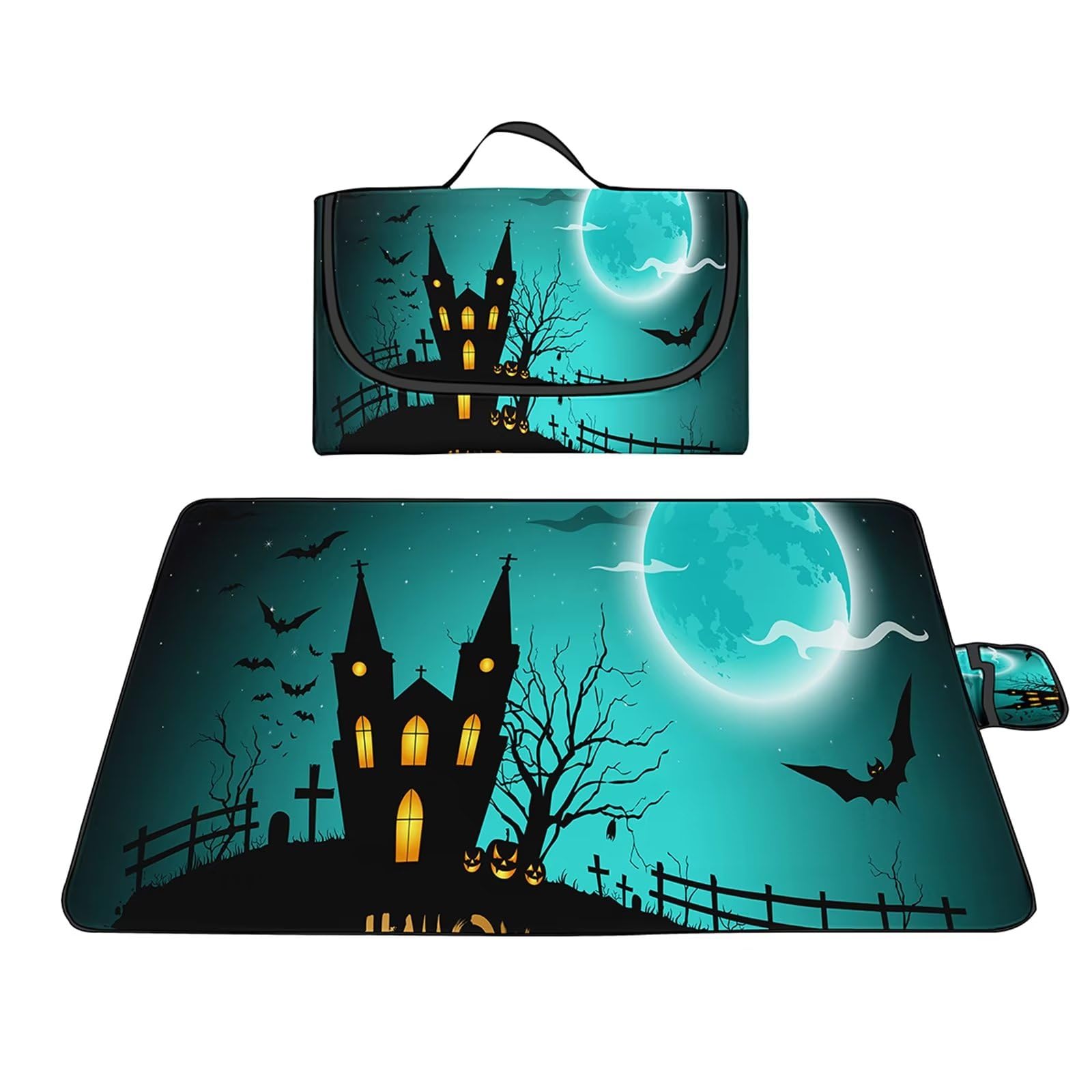 Couverture Pique-nique Imperméable 100x150cm,Couverture Plage Extérieure XXL Tapis de Plage,Château d'Halloween Camping Couverture étanche Pique-nique avec Poignée pour Camping Randonnée Parc Plage
