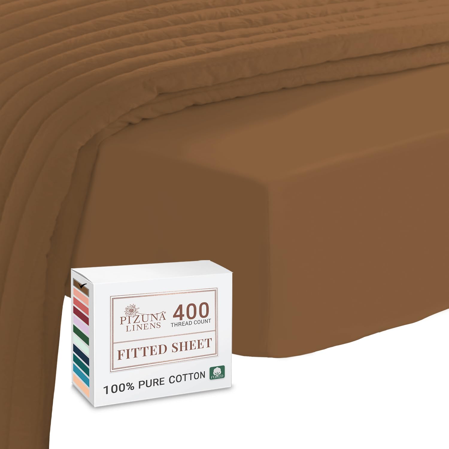 Pizuna 100% Cotton Emperor Fitted Sheet 200x200 cm Mocha Brown, 400 Thread Count 100% Long Staple Cotton Sateen Weave Emperor Fitted Sheet Extra Deep Pocket of 40 cm (Cooling Bedsheet)