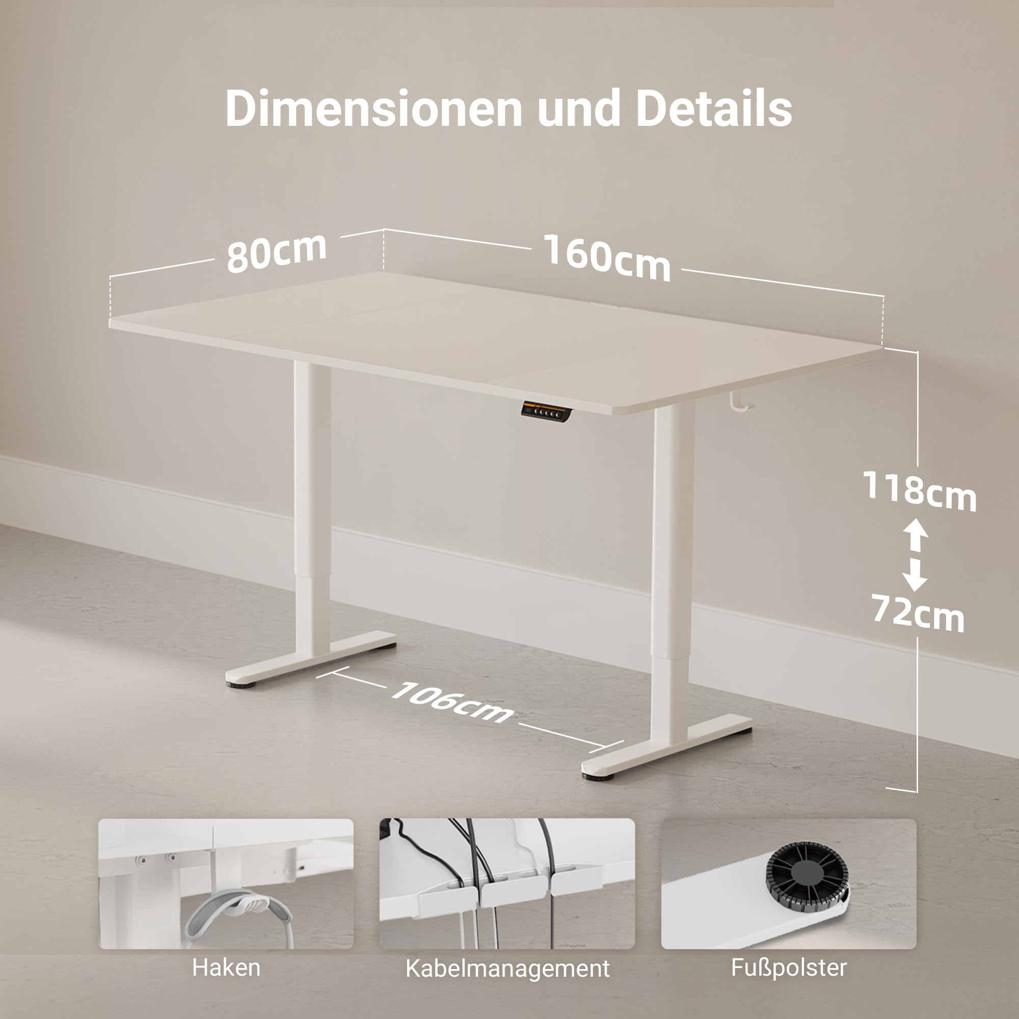 Claiks Höhenverstellbarer Schreibtisch 160 x 80 cm (FSC®), 80KG Tragkraft Schreibtisch Höhenverstellbar mit 2 Haken und 3 Memory-Funktion, Standing Desk mit Leiser Motor für Home Office, Weiß