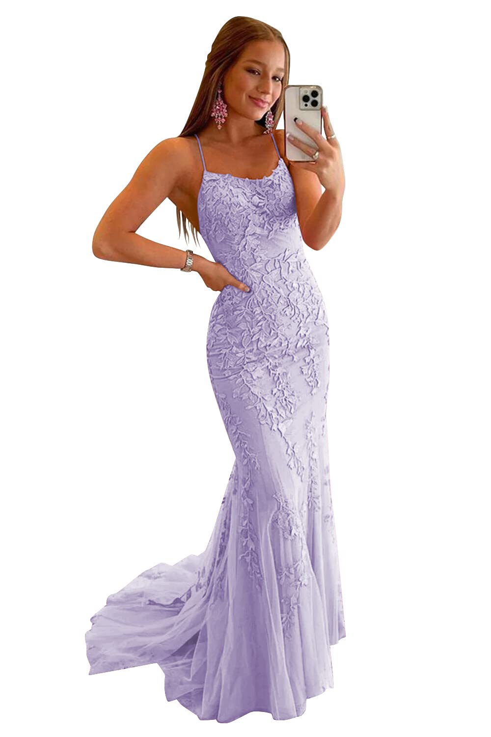 Clothfun Women's Long Lace Prom Dresses Mermaid Spaghetti Straps Backless Formal Evening Gowns