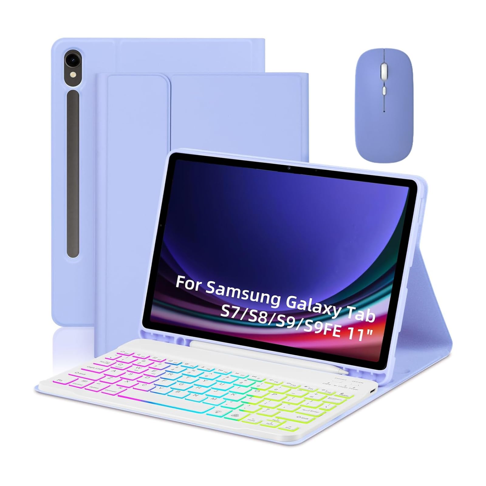Kit clavier et souris Bluetooth pour tablette Samsung Galaxy Tab S7 S8S9 S9FE 11 avec fente pour stylo Clavier Bluetooth rétroéclairé coloré + souris + étui de protection