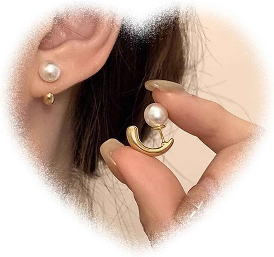 Pearl Jacket Women's Earrings Vintage Pearl Earrings Open Half Hoop Earrings Gold Pearl Studs Pearl Front and Back Earrings Jewelry for Girls Gifts
