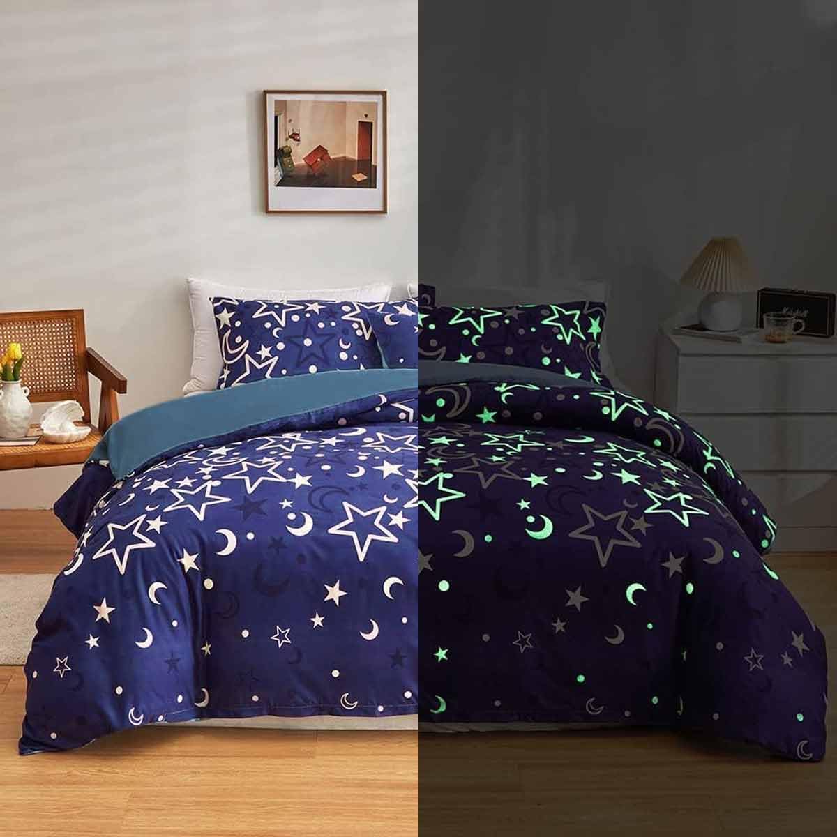 Juego de ropa de cama con diseño de galaxia que brilla en la oscuridad, para niñas y niños, universo azul, noche estrellada, súper suave, brillante, 220 x 260 cm, espacio exterior, estrellas, luna,