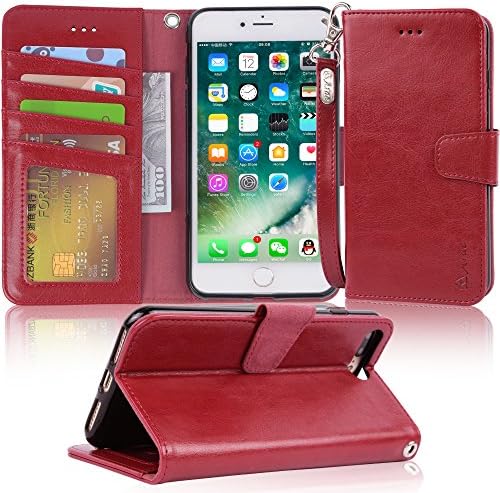 Arae Case for iPhone 7 Plus/iPhone 8 Plus, Premium PU Leather Wallet Case with Kickstand and Flip Cover for iPhone 7 Plus (2016) / iPhone 8 Plus (2017) 5.5 inch - Wine red