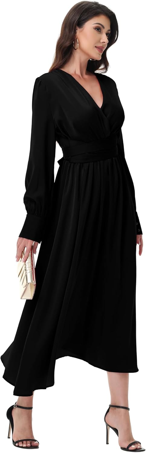 Chic Maxi Dresses for Women Pleated Silky Black Dress Modest Long Sleeve Sexy V-Neck Party Wedding Guest - Image 6
