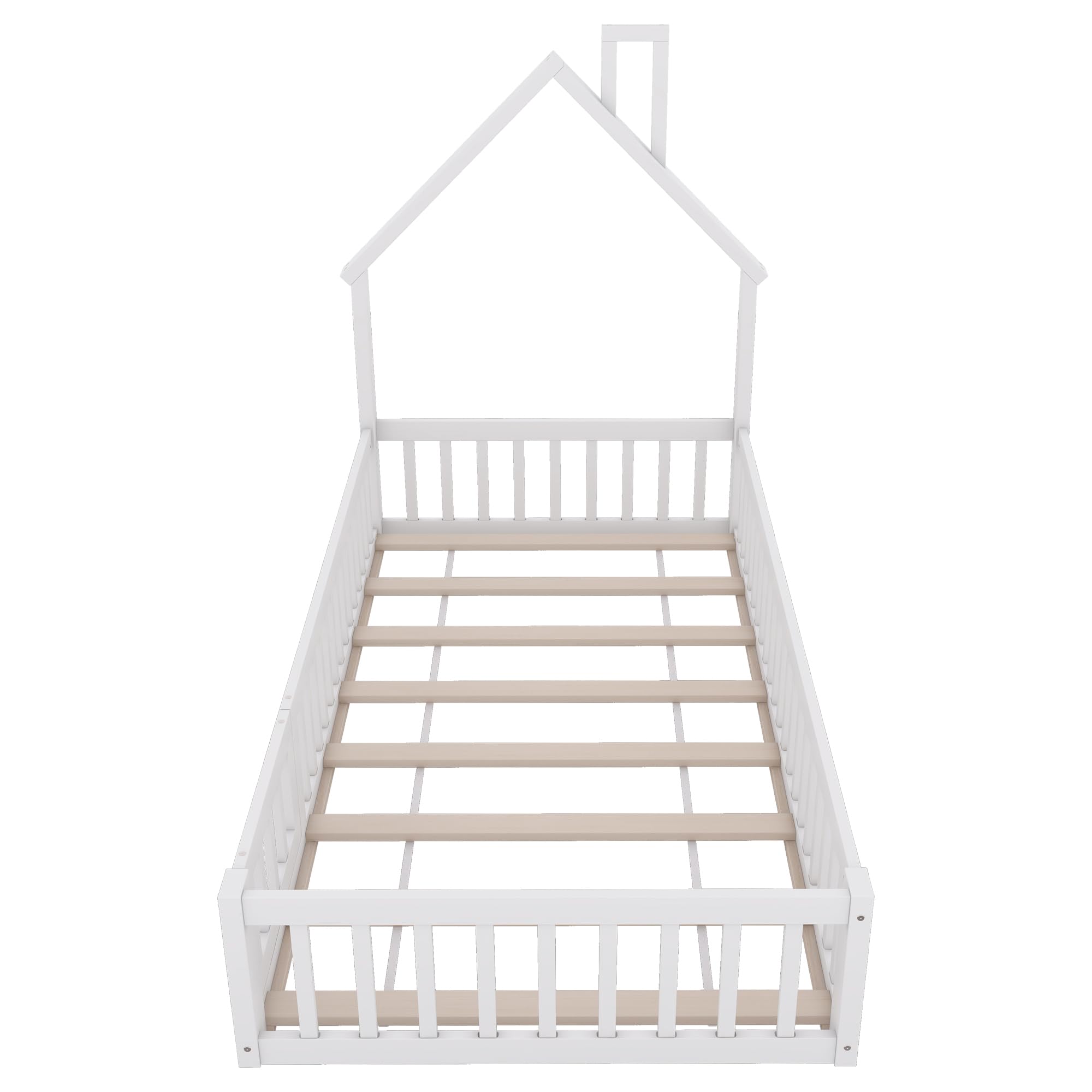 Merax Kinderbett Bodenbett 90x200 cm Hausbett mit Rausfallschutz & Lattenrost, Schornsteinform, öffnbarem Zaun - Montessori Bett, Jugendbett, Holz Bettgestell(ohne Matratze), Weiß
