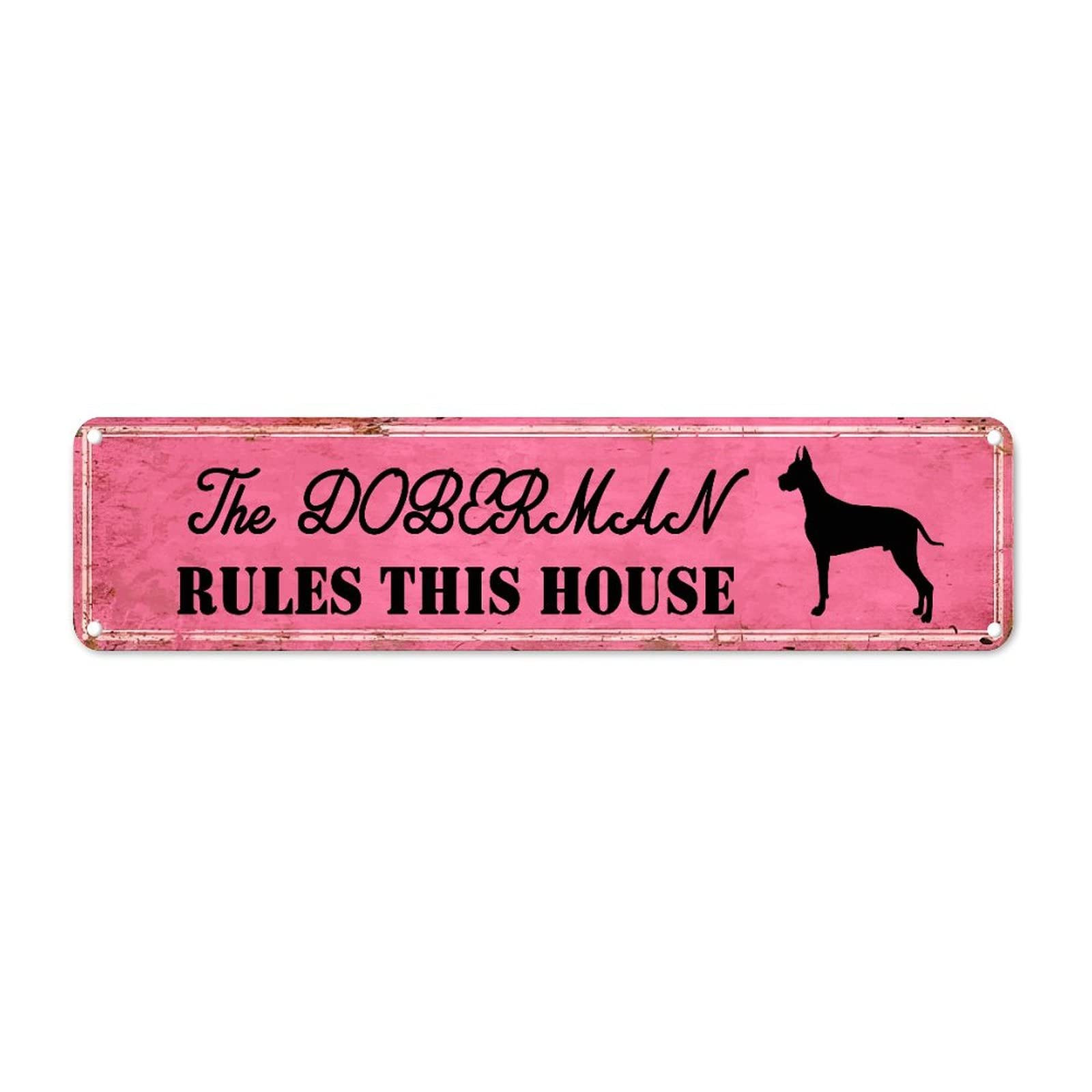 The Doberman Rules This House Retro Tin Signs Aluminum Plaque Sign for Home Kitchen Garden Wall UV-Resistant Decor 4x16 Inch