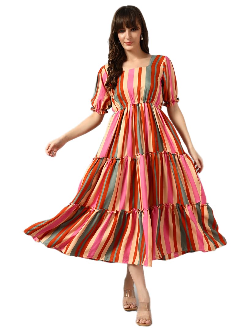 Women's Floral Printed Maxi Gown | Square Neck, Puff Sleeves, A-Line Long Gown for Casual, Party 233(19)