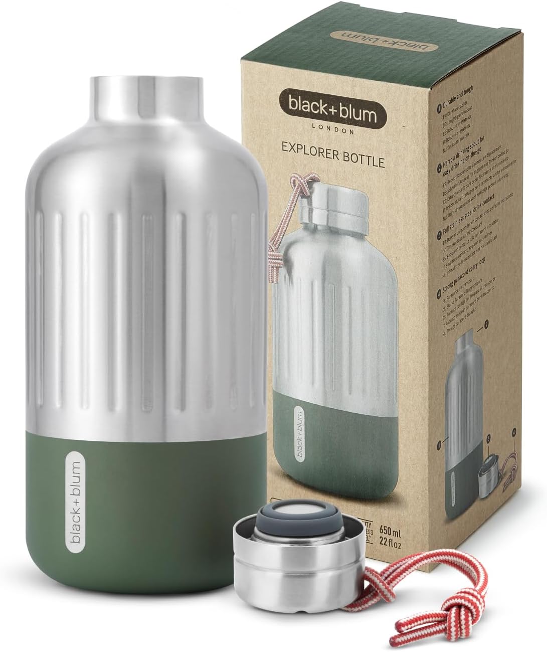 BLACK + BLUM Stainless Steel Explorer Insulated Water Bottle | Leak Proof, Vacuum Hydro Flask | Hot or Cold Drinks Tumbler | Olive, 21 oz / 650 ml