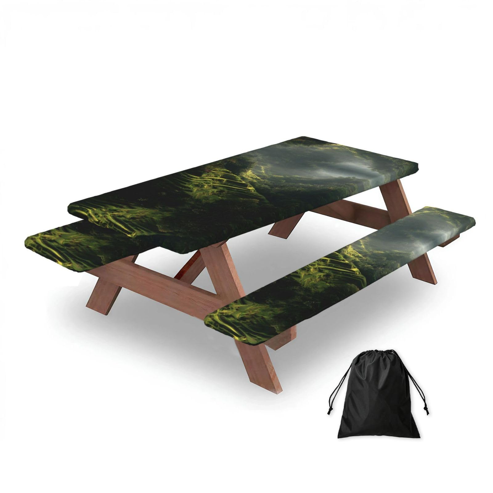 ESNAIUVCD Terraced Fields In Bali Print Picnic Table Cover With Bench Covers,Camping Essentials,Fitted Tablecloth Cover With Elastic Edge, For Indoor & Outdoor 3 Pcs