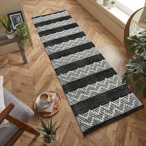 Image of Hand Woven 100% Natural Cotton Export Quality Designer Rug,Carpet, Bed Side Runner for Bedroom,Living Room, Size-2x5 feet or 60 cms x 152 cms (Black & White)