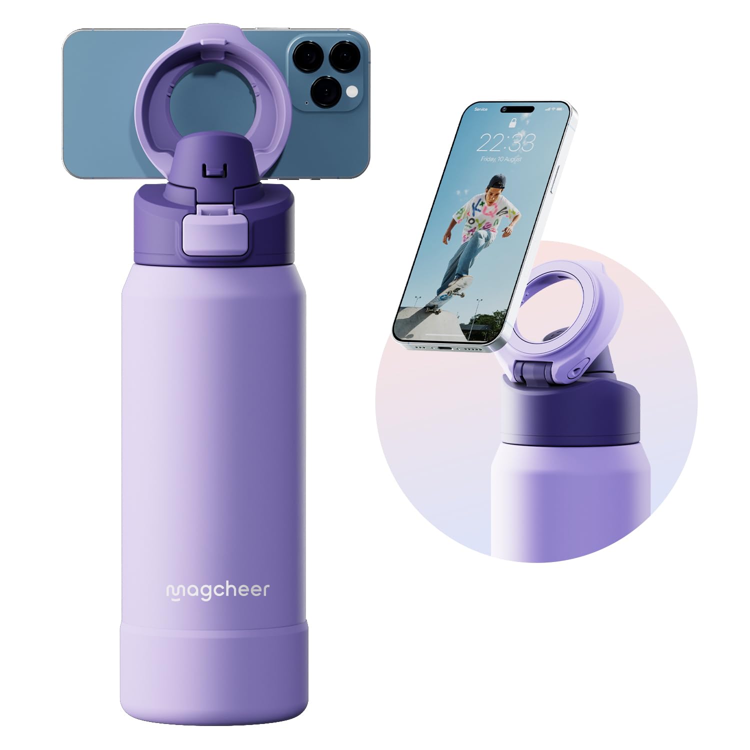 Magcheer Gourde Magnétique avec Support pour Téléphone Compatible MagSafe | Trépied Gourde à Angle Réglable | Bouteille Isotherme pour Voyages Fitness Selfies 1L(Violet)