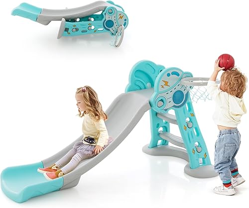 GLACER Tobogán 4 en 1 para niños pequeños, tobogán plegable para bebé con aro de baloncesto y pelota, escalera de escalada, parque infantil