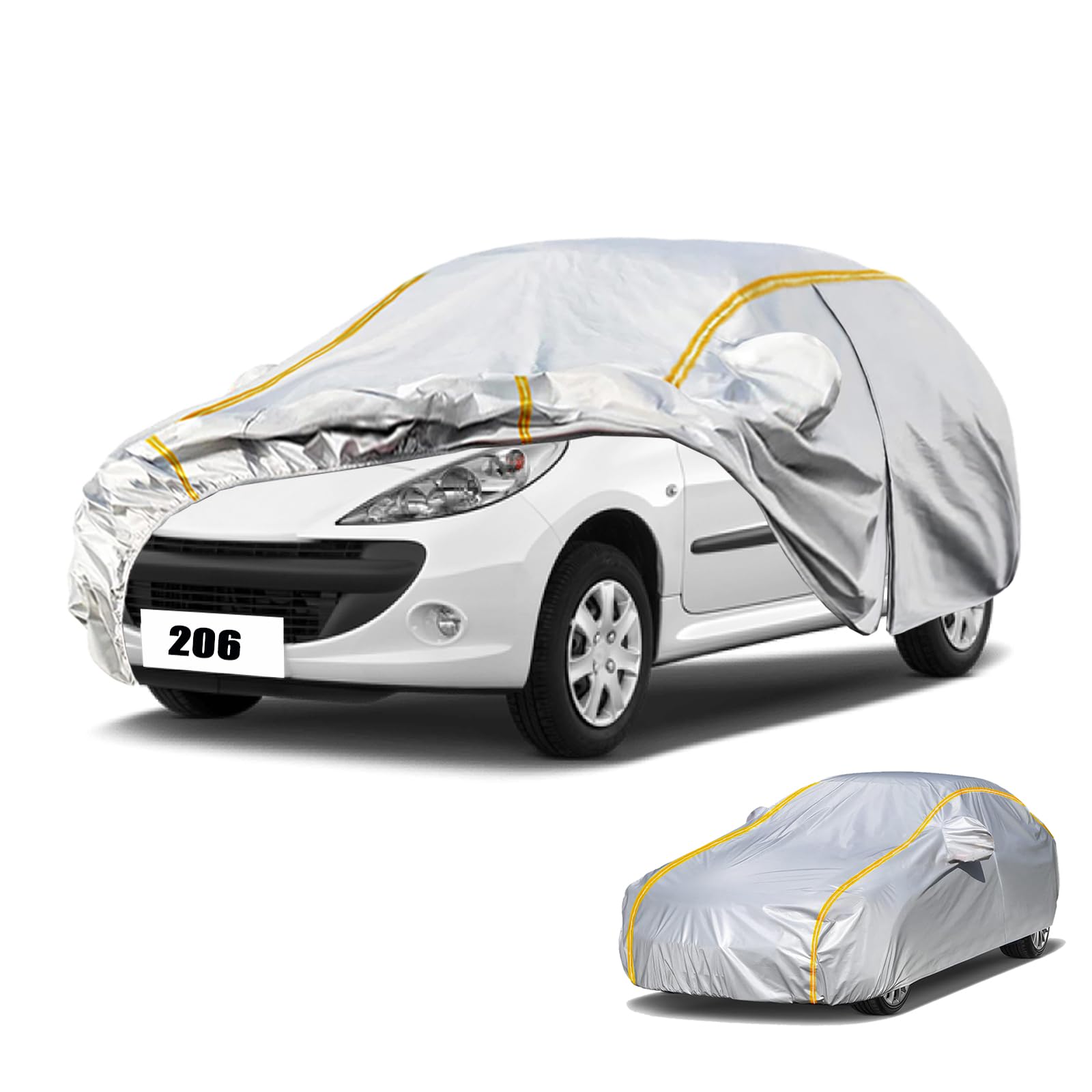 Bâche Voiture Étanche pour Peugeot 206(1998-2013) Housse de Protection Voiture Exterieur,Résistant à la Neige par Tous Les Temps, Coupe-Vent,Durable, et résistante aux Rayures
