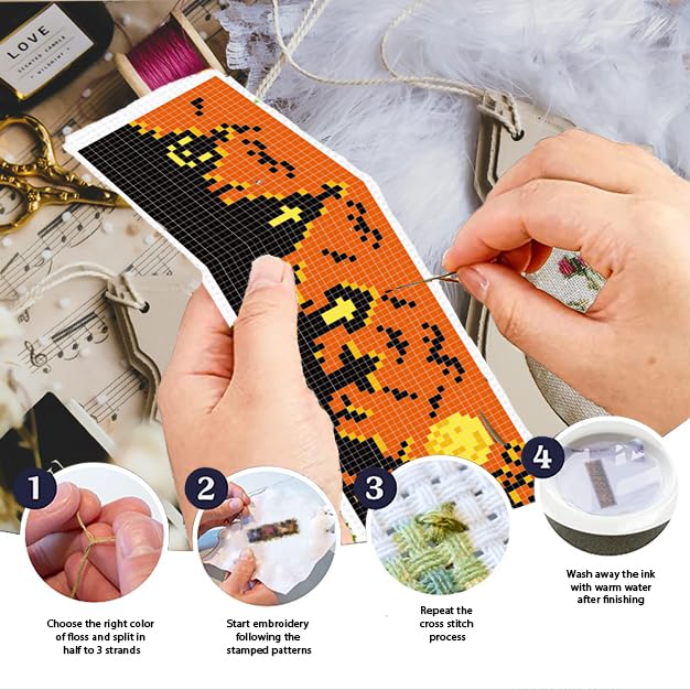 Image of INFUNLY Halloween Cross Stitch Bookmarks Kit Evil Pumpkin Handmade Cross Stitch Bookmarks Skeleton Ghost Embroidery Bookmark Trick or Treat DIY Cross Stitch Set with Instruction for Adults Book Lover