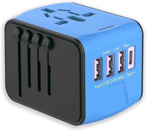 Adaptador de enchufe de viaje universal internacional, adaptador de enchufe de viaje europeo 5 en 1 con 2.4A 3xUSB-A 3.0A 1xUSB C cargador de pared