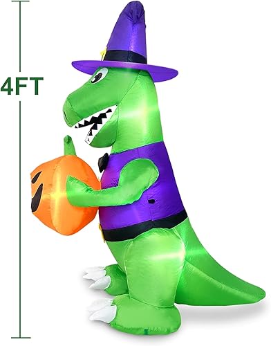 Miniatura 6 de TURNMEON Inflables de Halloween de 4 pies para decoración al aire libre, bruja y dinosaurio que sostiene calabaza con luces LED integradas,