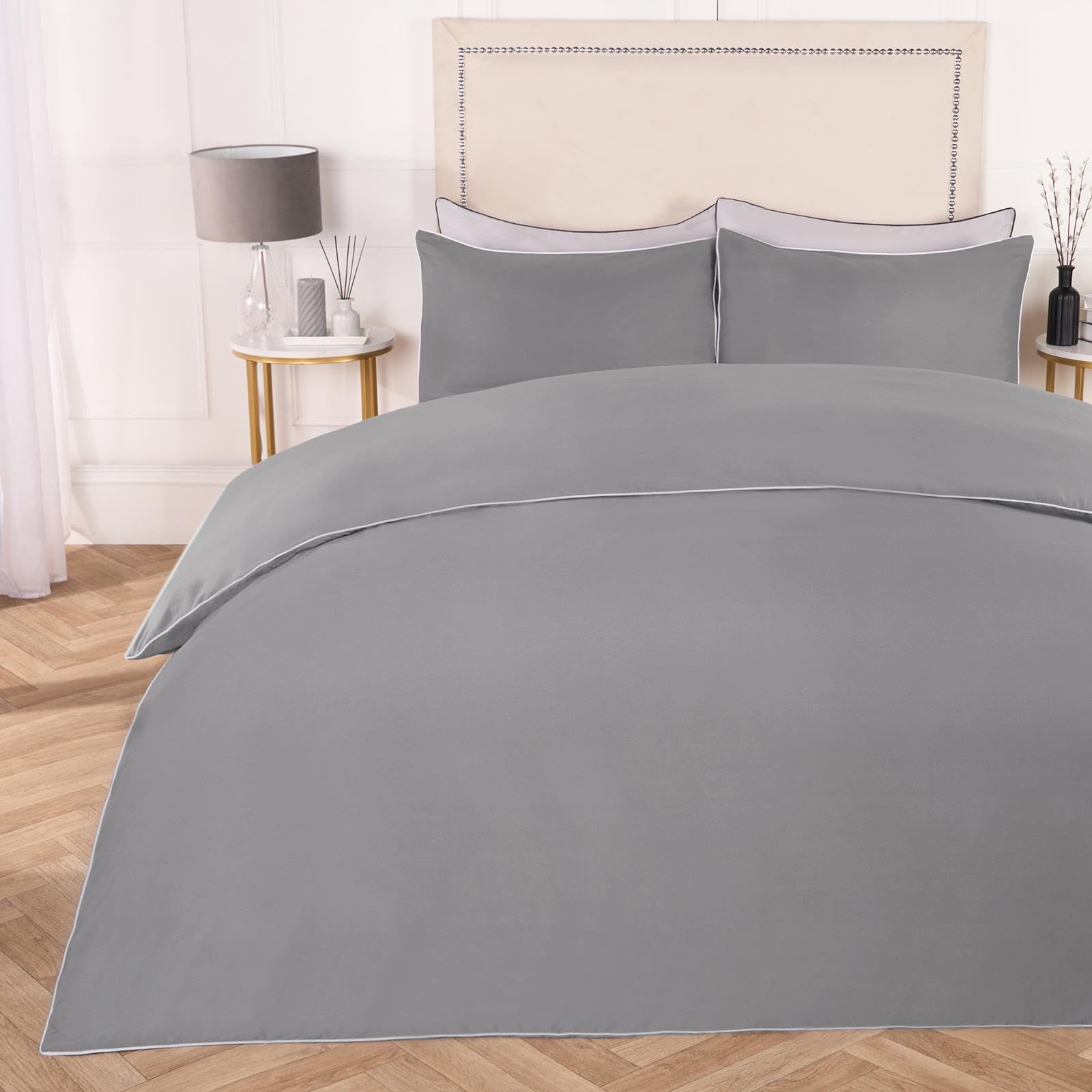 Ohs Grey/White Double Duvet Cover Sets Piped Edge, Soft Cosy & Comfy Classic Piped Edge Design Microfibre Luxury Double Bedding Set & 2 Pillowcase - Double