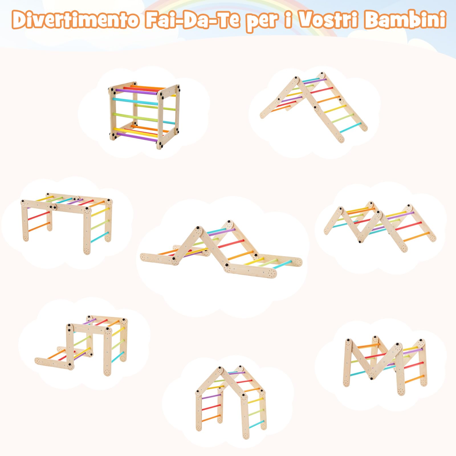COSTWAY 5 in 1 Set da Arrampicata per Bambini, Giochi da Arrampicata Pieghevoli in Legno con Rampe Regolabili e Reversibili, Scala da Arrampicata per Bambini 3+ Anni (Colorato)