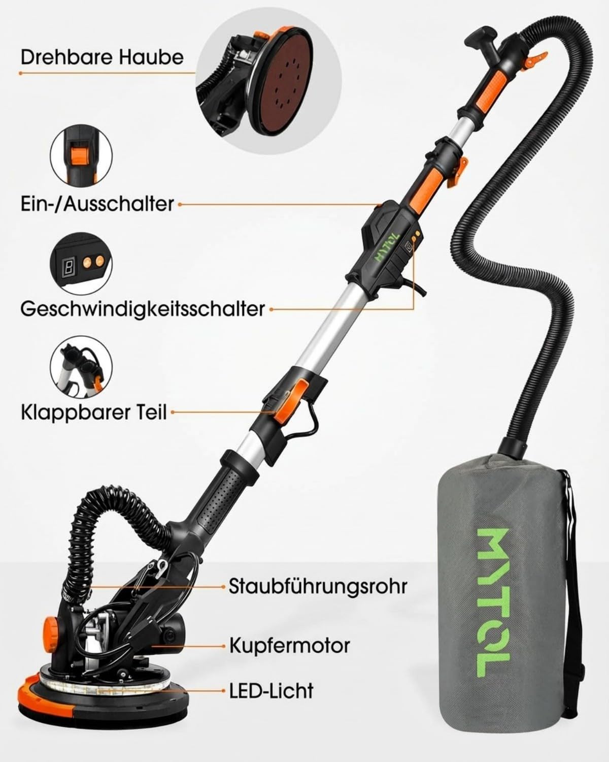 Trockenbauschleifer 900W, Wandschleifer & Deckenschleifer mit Absaugung, 1800 U/min, 6-Stufen Geschwindigkeit, Klappbarer Teleskopstiel, LED-Leuchte, inkl. 12 Schleifblättern
