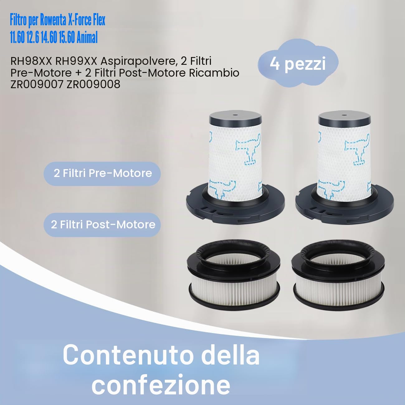 Filtro per Rowenta X-Force Flex 11.60 12.60 14.60 15.60 Animale RH98xx RH99xx Aspirapolvere, 2 Filtri pre-motore + 2 Filtri post-motore,Filtri di ricambio per ZR009007,ZR009008