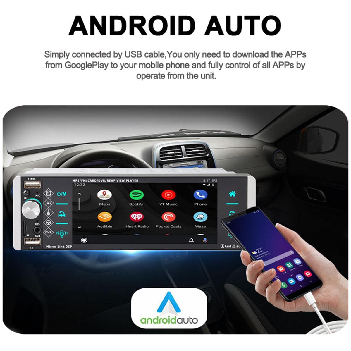 1 Din 5.1 cal Radio samochodowe Bluetooth IPS pojemno?ciowy ekran dotykowy samochodowe stereo wsparcie Mirrorlink AI asystent g?osowy RDS AM FM 4-USB + mikrofon ko?nierzowy