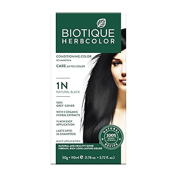 Biotique Herbcolor Conditioning Hair Colour l Ammonia Free Hair Color l 9 Organic Herbal Extracts l Natural and Healthy Shine l 50g + 110ml| Natural Black 1N (Pack of 1) - image, photos
