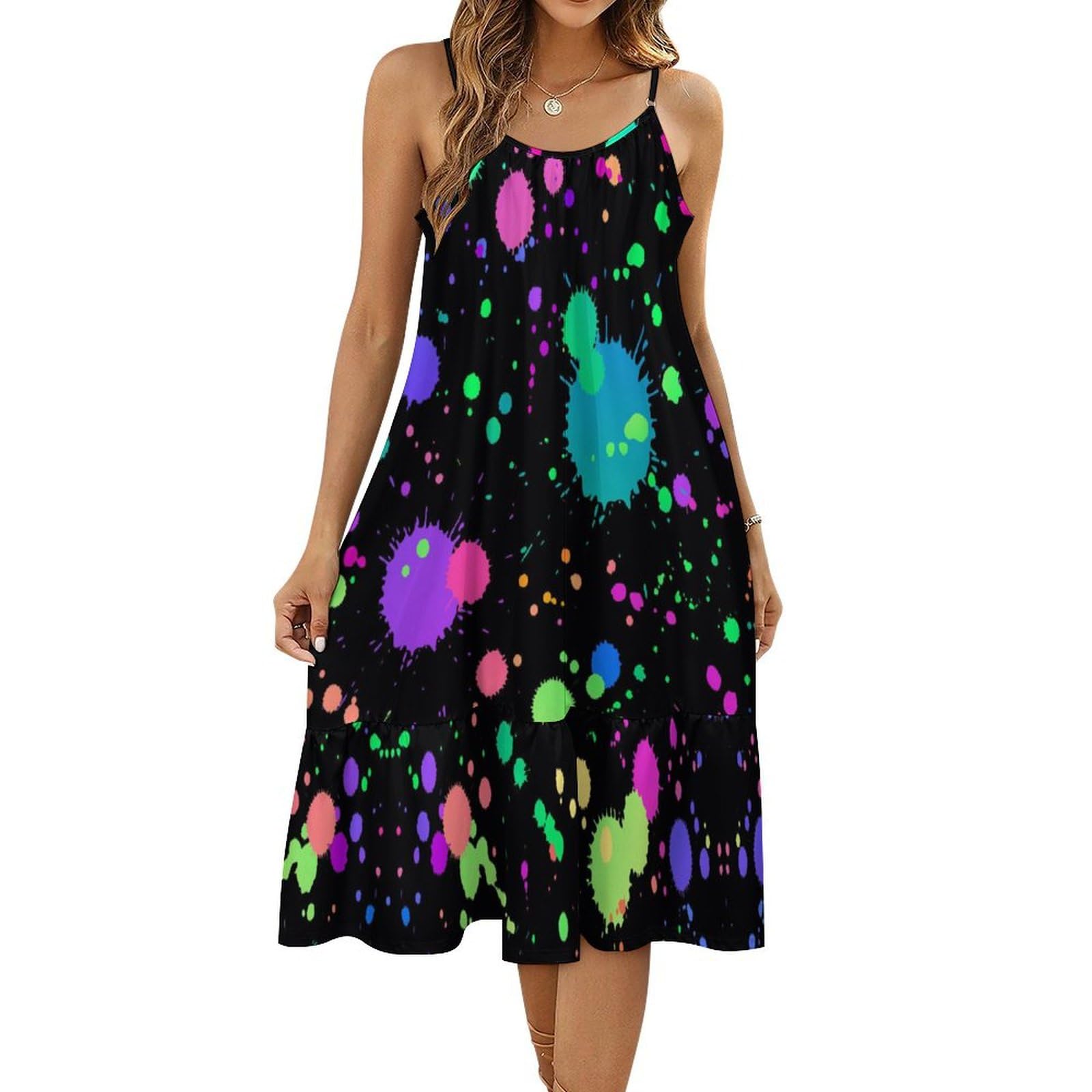 peiyeety Glow in Dark Splatter Neon Dress for Women Summer Sleeveless Short Dress
