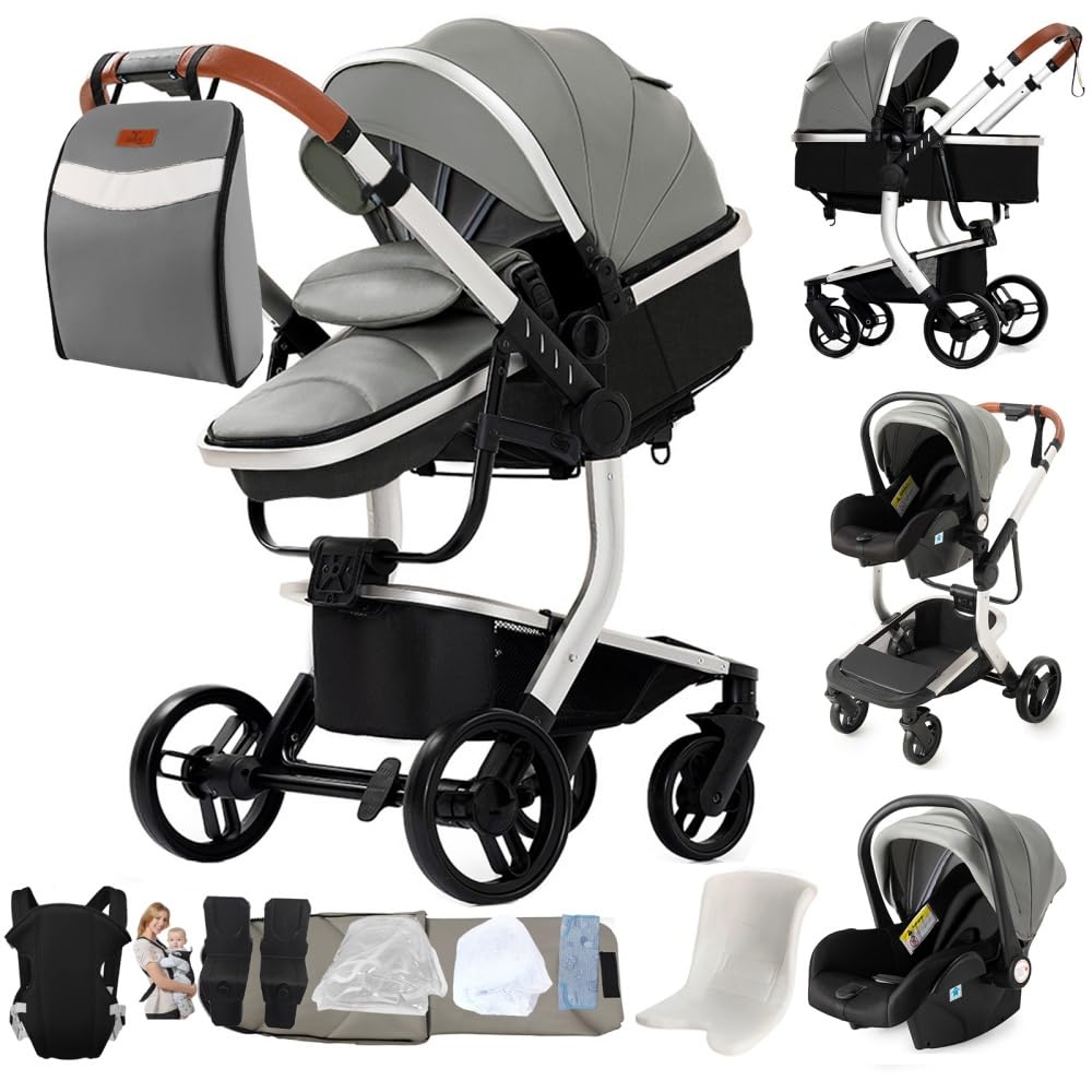Passeggino 3 in 1 Pieghevole Reclinabile 0-4 Anni con Seggiolino Auto | Colore grigio, compatto, corredato di borsa mamma e marsupio porta-bebè