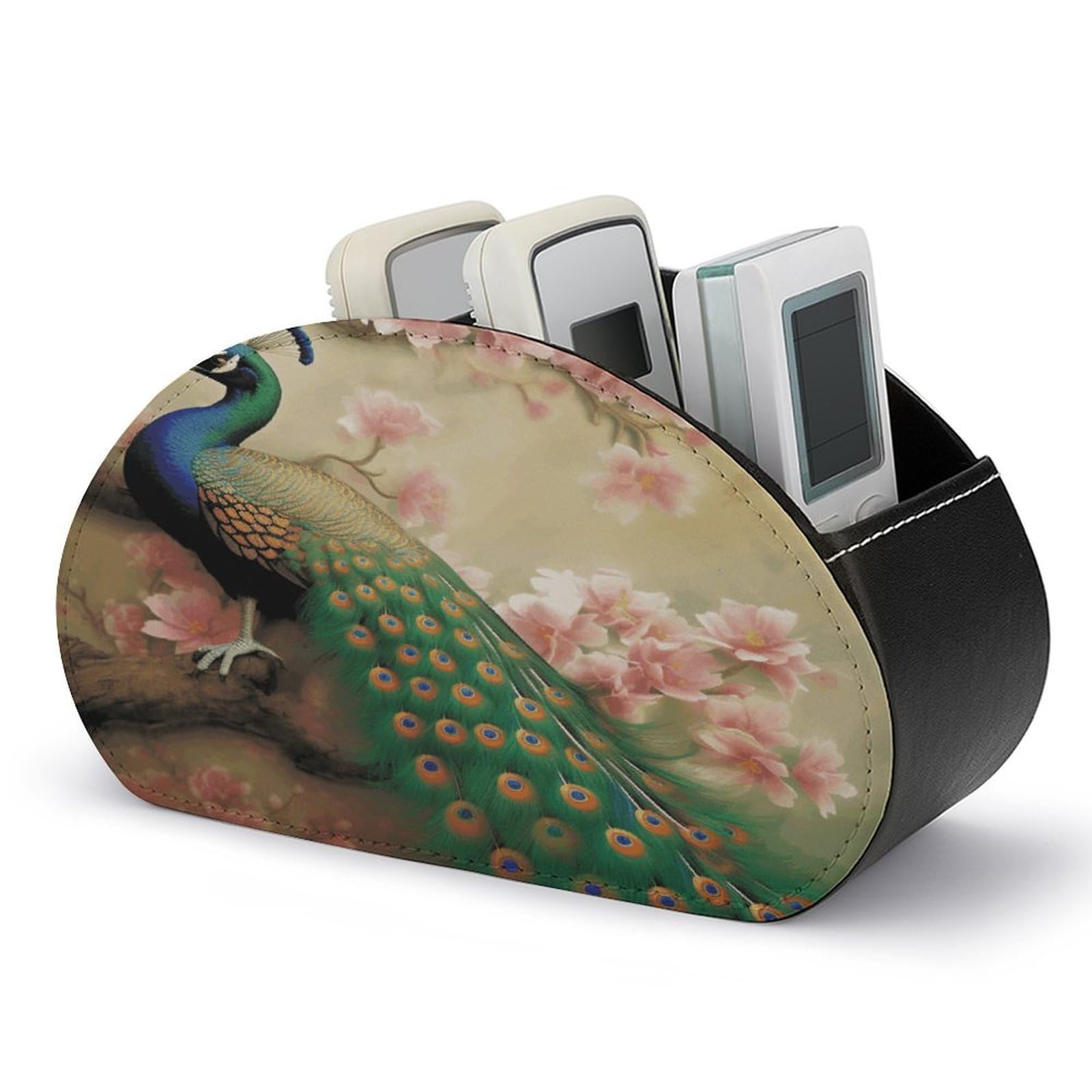 VstaDank Oriental Peacock on Flower Tree Remote Control Holder with 5 Compartments Pu Leather TV Remote Caddy Storage Box Desktop Organizer Store Controller DVD Brush Pens Glasses&Office Supplies