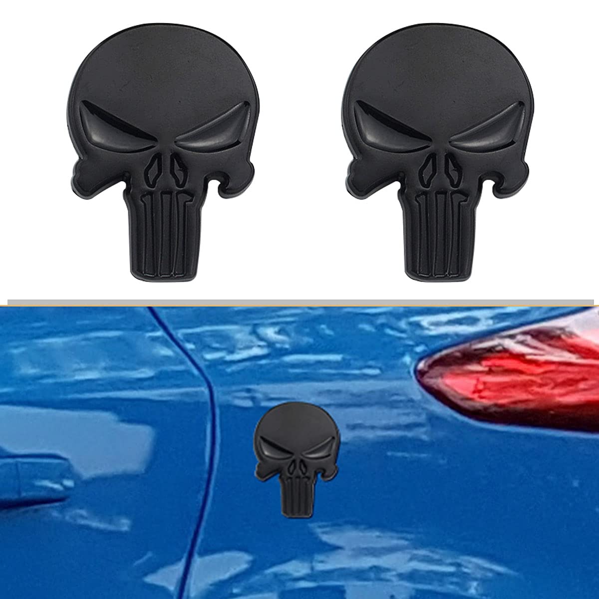 2Pcs 3D Metal Skull Emblem Badge 3D Raised & Strong Adhesive Car Skeleton Head Sticker Decals Suitable for All Vehicles Car Truck Bicycle Motorcycle (Black/Black Eye)