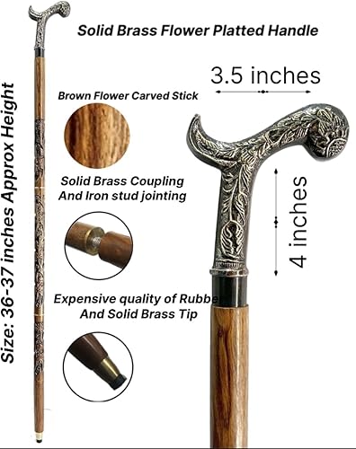 Miniatura 2 de Elegante bastón de madera con mango de latón floral hecho a mano, elegante bastón para hombres y mujeres para apoyo a caminar, regalos y uso diario