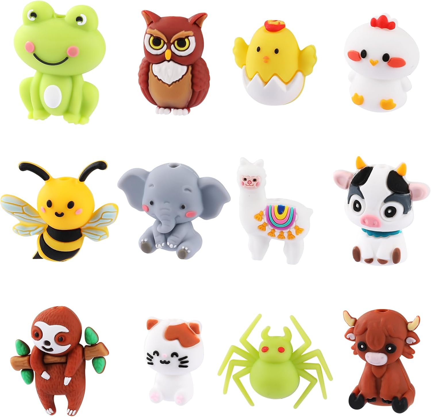12Pcs 3D Silicone Beads for Keychain Making Unique 3D Focals Animal Focal Beads for Pens Bracelets Necklace Earrings DIY Crafts Jewelry Making