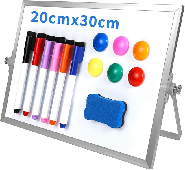 Double Sided A4 Whiteboard, 30 x20cm Desk Whiteboard Magnetic Whiteboard with Stand, 1 Eraser, 6 Markers, 6 Magnets for Kids Students School Home Office