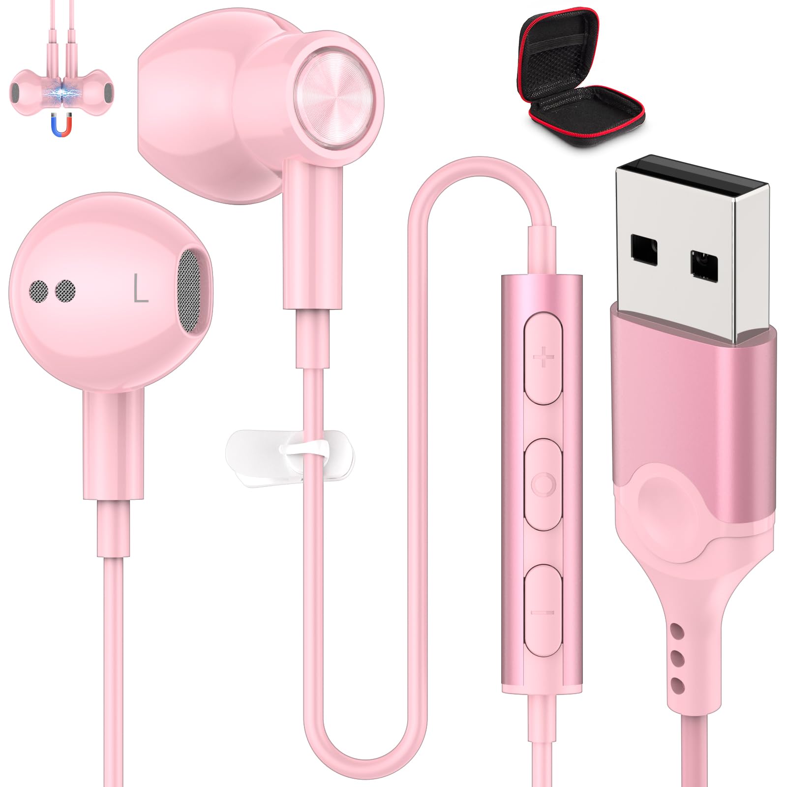 ASKUBSKU USB Headset with Microphone for PC 7.5 Ft Cable, USB A Headphones for Computer, Wired USBA Earbuds with Mute in-Line Stereo Noise Canceling Call Cord Earphone for Laptop, PinkCarbonfree Certified