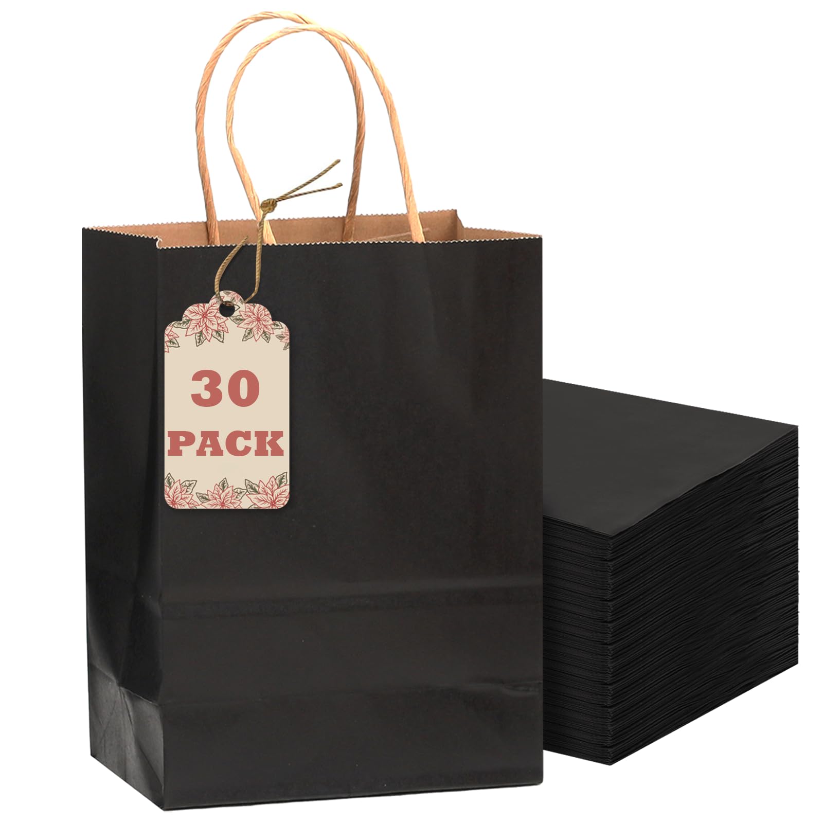 Gcardist 30-Packs schwarzes Geschenk Taschen mit Griffen Bulk 8.3"x6"x3.15" kleine Größe Kraftpapier Taschen mehrere Verwendungen (15x8x21, kleine Größe)