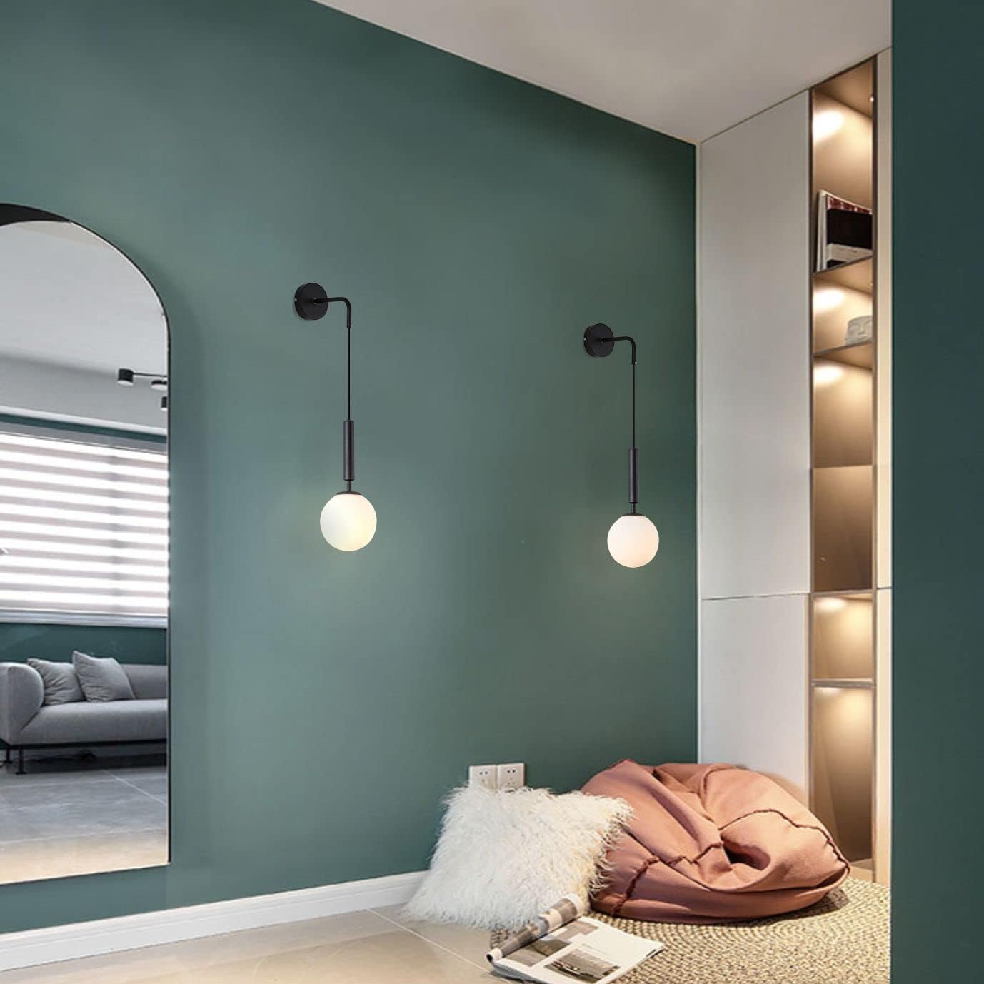 KCO Lighting Minimalist Wall Sconce 1-Light Glass Globe Wall Light with Adjustable Cord Black Wall Lamp for Living Room Kitchen Island (Black Wall lamp)