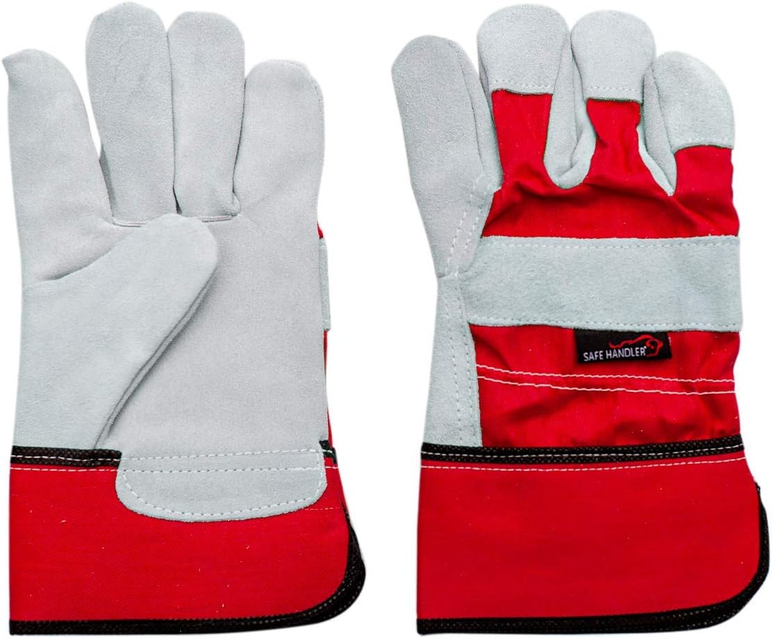 SAFE HANDLER Deluxe Work Gloves | Single Palm Split Leather, 3” Rubber Cuff, Cowhide Leather, Inner Cotton Lining, Rubberized Safety Cuff, Grade A Split Leather, 12 Pairs (24 gloves)